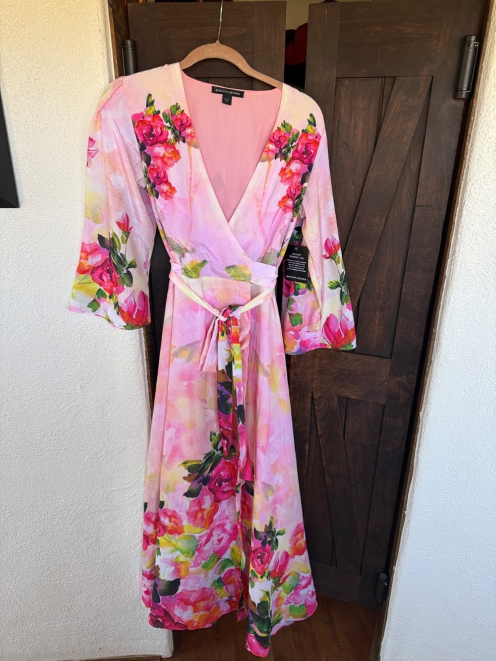 Boston Proper Light Pink Floral Wrap Dress with V-Neck